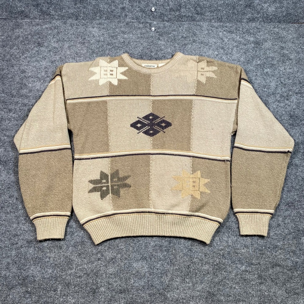 Claiborne Mens Cotton Sweater Large Tan Geometric Patchwork Crewneck Pullover